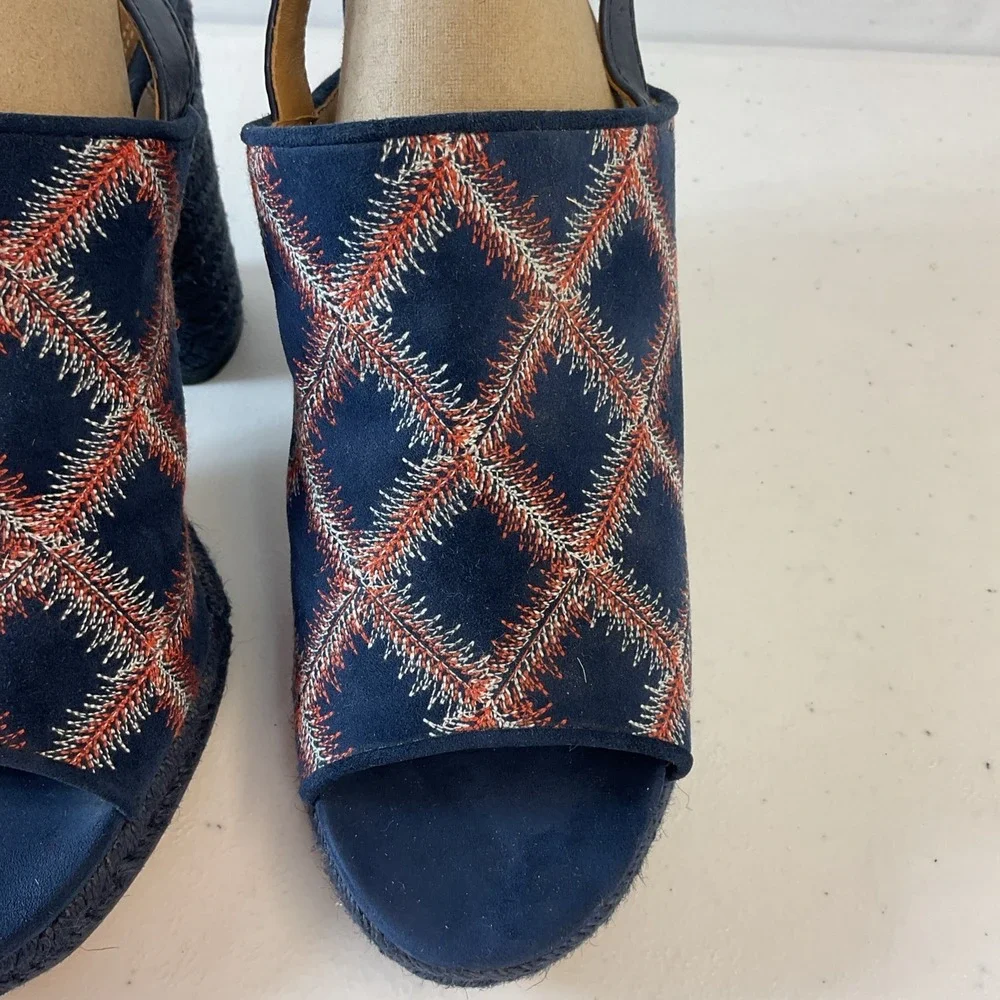 Tory Burch Trinity‎ suede embroidered Espadrille sandals heels Size 7.5 blue
